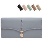 Ladies Purse with Multiple Card Slots and Heart Pendant, Leather Long Purses for Women Zipper Coin Phone Pocket (Grey)