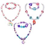 El Regalo 3 Sets Girl Princess Necklaces & Bracelets With Colorful Unicorn, Mermaid, Rainbow Pendant Kids Stretchy Chunky Costume Jewelry Gifts Party Favors Dress Up Friendship Jewelry