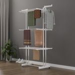 RIOMAX 2 Pole 3-Tier Premium Heavy-Duty Stainless-Steel Clothes Drying Stand with Wheels, Foldable Laundry Rack with Sock Holder, Indoor & Outdoor Cloth Dryer for Balcony Terrace (SS, Pack of 1)