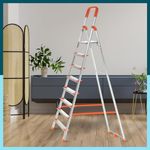 Houza 8 Step Foldable Aluminium Ladder for Home | Ladder with Anti-Slip Shoes | Slip Prevention Steps | Durable, Heavy Duty, Safe, and Stylish | Made in India (Orange)