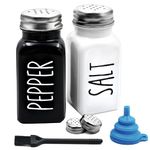 Country Salt and Pepper Shakers Set, Vintage Glass Black and White Shaker Sets, 4 Stainless Steel Lids a Cleaning Brush, 1 Funnel, Farmhouse Style Kitchen Decor for Home Restaurant Wedding