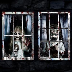 Windkream 2 Pcs Halloween Boy and Girl Scary Curtain Halloween Window Silhouette Decoration Blood Ghost Window Cover Horror Theme Window Poster for Indoor Outdoor Party Wall Garage Door Decor