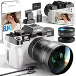 NBD 8K 64MP Digital Cameras for Photography with Dual-Lens,180°Flip Screen—Point and Shoot Digital Cameras with 16X Zoom,Autofocus WiFi Vlogging Camera for Beginners, 2 Batteries,64GB Card (White)