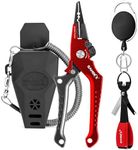 SAMSFX Locking Aluminum Fishing Pliers Saltwater Braid Line Cutter Split Ring Opener w/Lanyard, Sheath, Quick Knot Tool & Retractors (Black & Red Straight Pliers with Camo Sheath+ Quick Knot Tool)