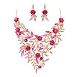 BriLove Wedding Bridal Jewelry Set for Women Crystal Flower Enamel Leaf Cluster Statement Necklace Dangle Earrings Pink Gold-Tone