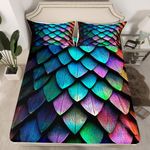 Dragon Scale Fitted Sheet Full Size Trippy Wild Animal Skin Bedding Sets,Glitter Psychedelic Animal Hide Bed Sheets Novelty Wild Safari Theme Wildlife Room Decor,Teal Blue Green Purple