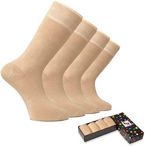 Hugh Ugoli Men's Rayon Dress Socks for Business & Trouser, Thin & Seamless Crew Socks, 4 Pairs with Gift Box, Beige, Shoe Size: 8-12