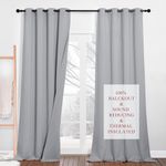 PONY DANCE Blackout Curtains for Bedroom - Soundproof Curtain with Removable black Lining Sunlight Block out Window Treatment Panels for Living room, Silver Grey, 2 Pcs, 52x95 Inch Drop