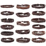 Jstyle 17Pcs Braided Leather Bracelet for Men Women Wooden Beaded Cuff Wrap Bracelet Adjustable, 10 inch, Leather Wood