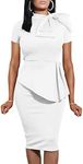 LAGSHIAN Women Fashion Peplum Bodycon Short Sleeve Bow Club Ruffle Pencil Party Dress, White, Medium