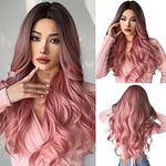 Esmee Synthetic Wigs Ombre Pink Long Wavy Hair Wigs for Women Heat Resistant Fiber Middle Part Cosplay Wigs 24inch