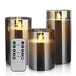 YMing LED Flameless Candles with Timer & Remote Control, Real Wax Moving Effect Flickering Grey Glass Candles Gift Set, Set of 3 Battery Operated Pillar Candles, 4" 5" 6"