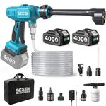SEESII Cordless Pressure Washer, Portable Power Washer with 2x4000mAh Batteries, Electric Washer Gun with 6-in-1 Nozzle & 27FT Hose, Handheld Power Cleaner for Car, Driveway, Garden, Patio and Fence