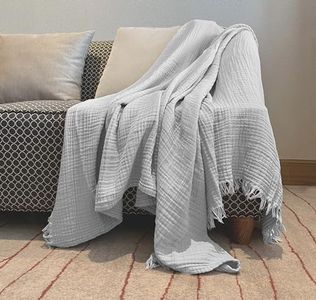 100% Organic Muslin Cotton Blanket for Kid Adult, Couch Bed Chair, 4 Layers Pre-Washed Plant Dyed Yarn, Breathable Super Soft, Cozy, Warm Lightweight Bed Blanket, All Season (60"x80" Light Grey)