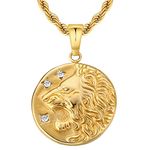 KRKC&CO Mens Coin Pendant Necklace, Lion 18K Gold Plated Stainless Steel Chain Necklace, Medallion Amulet Pendant Necklace for Men and Boys