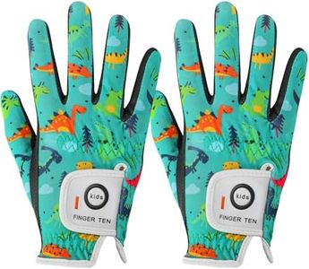 FINGER TEN Stylish Kids Golf Gloves 2 Pack for Left or Right Hand, All Weather Grip & Breathable Durable & Funny Design for Boys Girls Junior Youth Toddler (Cyan-Dinosaur, Small, Right)