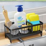 Kitchen Sink Caddy Metal Sponge Holder for Kitchen Organiser Sink Tidy with Removable Drip Tray and Drainage Countertop Kitchen Sink Washing up Organiser (Black)