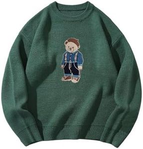 SHENHE Men's Oversized Crew Neck Cute Bear Sweater Vintage Unisex Preppy Graphic Sweater Jumper Army Green Medium