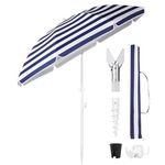 Sekey 1.8m Beach Umbrella with Ground Spike, Umbrella Cover, Hook, Eight Ribs Stable Parasol for Garden, Patio. Tilt Angle and Height Adjustable, Sun Protection UPF 50+, Blue and White Stripes