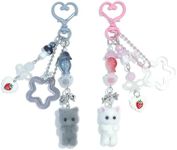 Nalefow Cute Pink Keychain, Fuzzy Cat Keychain Aesthetic Y2K Keychain Charms Stylish Keychains Accessories for Bag Charms Purse Gifts (2PCS Grey Pink Cat Sets)