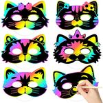 WATINC 24Pcs Cats Rainbow DIY Scratch Masks, Animal Scratch Paper Mask Art Set for Kids Birthday Party Favors, Halloween Painting Craft Kits Cat Dress Up Costumes Coloring Activity for Boys Girls