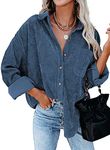 Necooer Womens Boyfriend Corduroy Shacket Button Down Shirts Casual Long Sleeve Oversized Jacket Tops (Medium,Pure Blue)