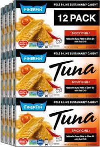 FinerFin Yellowfin Tuna Salad in Organic Olive Oil | Spicy Chili Flavor | Premium Canned Tuna Fish with EVOO | Gourmet Ready-to-Eat Wild-Caught Fillets | 4.4oz can - 12 Pack