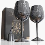 vaanshie 17oz Stainless Steel Wine Glasses [Set of 2] – Black Royal Goblets with Intricate Baroque Engravings, Unbreakable and Shatterproof Wine Cups with Bottle Stopper for Travel, Camping,and Pool