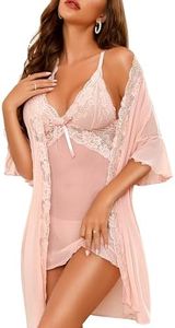 RSLOVE - Conjunto de camisón de noche sexy para mujer, lencería de encaje con vestido de 2 piezas, rosa claro, M