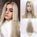 Xiweiya Heat Resistant Hair Ombre Blonde Synthetic Lace Front Wig For Women Side Part Long Silky Straight Lace Front Wigs Half Hand Tied