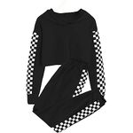 Girls Clothing Set Kids Hoodies Crop Top + Plaid Pants Set Long Sleeve Outfit Sweatshirt Sweatpants (Black, 12-14 Years)