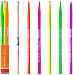 6-sticks(Assorted),Neon UV Glow Drum Stick, Classic 5A Drum Stick, Hickory Drum Stick, for Acoustic or Electronic Drum, wood drumstick glow under black light on stage,cant glow in dark.