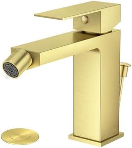 Faustina Rubinetto per Bidet WC con Tirante e Piletta, Miscelatore Monoelmo Bidet in acciaio inox regolabile con giunto sferico Acciaio inossidabile, Spazzolato Oro