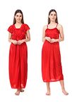 Bombshell Women Satin Solid Nighty with Robe, Night Dress, Night Wear for Girl's, Pack of 2, (Size:-Free Size, Color:-Red)