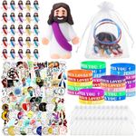 Bememo 25 Sets Christian Religious Jesus Gifts Sets Little Jesus Figure Silicone Jesus Loves You Bracelets Inspiring Stickers for Church Party Favors School Baptism Gifts (Multicolored)