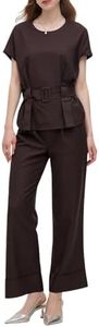 Pants Sets Women 2 Piece Outfits Short Sleeve Round Neck 100% Linen Blouse Tops Matching Sets Wide Leg Pantsuit Dressy Casual Work Sets Brown