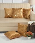 HOMECROWN 16X16 Inch Velvet Cushion Covers Â– Set Of 5 Pcs, Soft Decorative Faux Fur Throw Pillow Covers 250 TC With Golden Feather Print For Sofa, Couch, Bed, Living Room - Golden