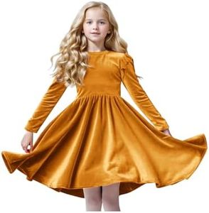 Seiciviy Girls Velvet Dress Ruffled Long Sleeve Casual Spring Fall Dress Princess Christmas Party Winter Outfits Gold