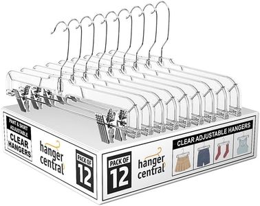 Hanger Central Space Saving 12 Pack, Heavy Duty Slim Clear Pants Hangers, Ridged Non-Slip with Adjustable Pinch Clips, 360-Rotating Chrome Swivel Hook, 14 Inch