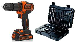 BLACK+DECKER 18 V Cordless 2-Gear Combi Hammer Drill Power Tool with Kitbox, 1.5 Ah Lithium-Ion, BCD700S1K-GB with BLACK+DECKER Drilling and Screwdriver Bit Set - 32 Piece