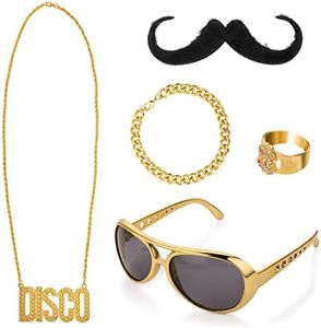 Complementos Hippies Conjunto de Accesorios Ropa Hippie Años 60 70 para Hombre Accesorios de Disfraz de Discoteca Collar Mujer Anillo Signo Dólar Gafas de Sol Barba Gafas Hippie Fiesta Temática