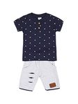 Tinokz Top and Bottom Set | All Over Print Top with Contrast Distressed Shorts | Front Open Cotton T-shirt for Boys/Navy Blue | Medium (12-18 Months)