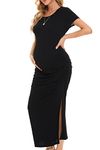 Smallshow Women's Long Maternity Dress Short Sleeve Split Ruched Pregnancy Clothes Medium Black