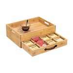 Navaris Bamboo Tea Box and Tray - Serving Tray with Storage for Tea Bags with Bag Organizer Drawer - 12 Compartment Tea Storage with Carry Tray