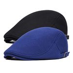 BOTVELA 2 Pack Men Newsboy Cap Cotton Flat Cap Golf Driving Hat (Black/Sapphire)