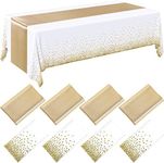 Breling 8 Pack First Communion White and Gold Disposable Plastic Tablecloths and Satin Table Runner Set, 54 x 108 Inch Tablecloth, 12 x 108 Inch Table Runners for Wedding Graduation Baby Shower