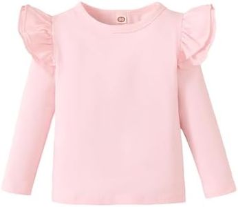 Sanpersonlin Toddler Baby Girl Solid Color T Shirt Kids Blouse Basic Plain Ruffle Top Cotton Casual Clothes, 0020h-long Sleeve Light Pink, 2-3 Years