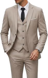 YND Men's Slim Fit 2 Button 3 Piece Suit Set, Blazer Jacket Vest Pants and Tie, Solid Wedding Dress Tux and Trousers Beige
