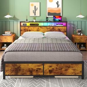 Ufurniture Queen Bed Frame with Storage Headboard, Industrial Metal Bed Base with Charging Station and RGB LED Lights, Brown&Black