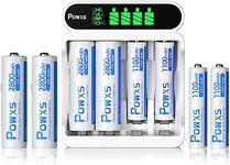 POWXS LCD 4 slot AAA AA Battery Charger - with 4 x 2800mAh Rechargeable AA Batteries& 4 x 1100mAh AAA Rechargeable Batteries, Fast Charging Function and Micro USB & Type C Input,Battery Charger